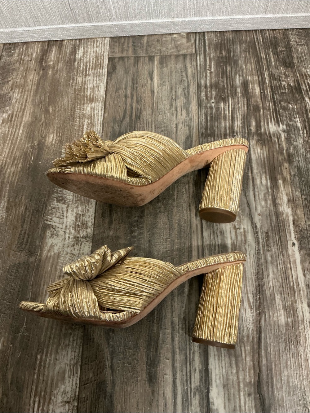 Loeffler Randall Gold Pleated Bow Block Heel Mules Size 6.5 - Picture 10 of 16